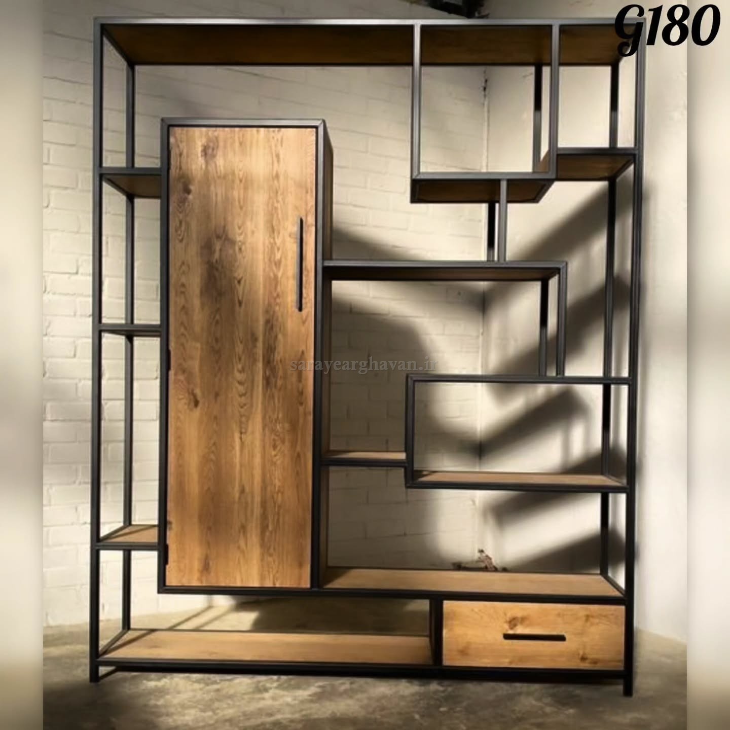 استند(شلف باکس) ایستاده کمددار مدرن، تلفیقی از چوب و فلز (با رویه MDF) G180