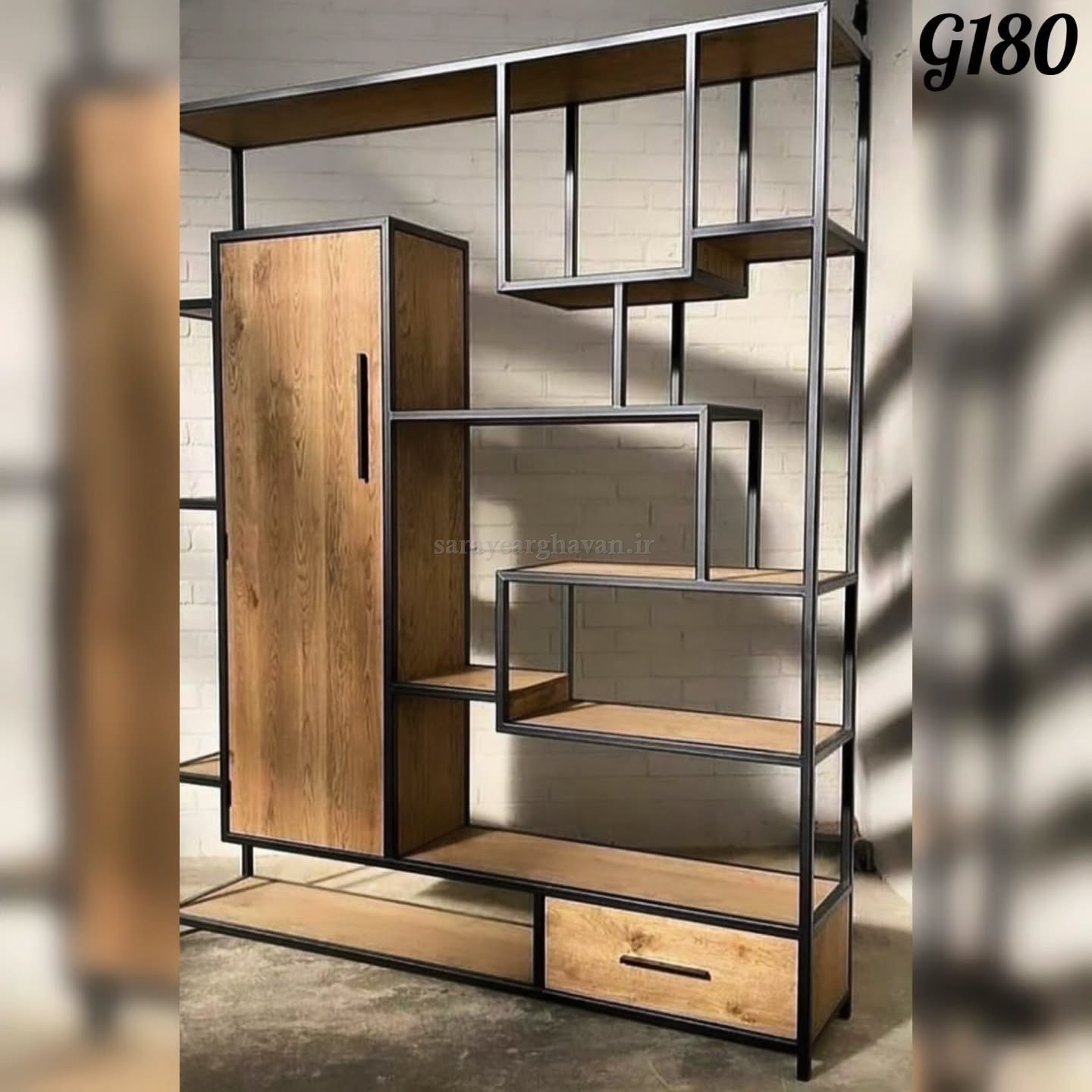 استند(شلف باکس) ایستاده کمددار مدرن، تلفیقی از چوب و فلز (با رویه MDF) G180