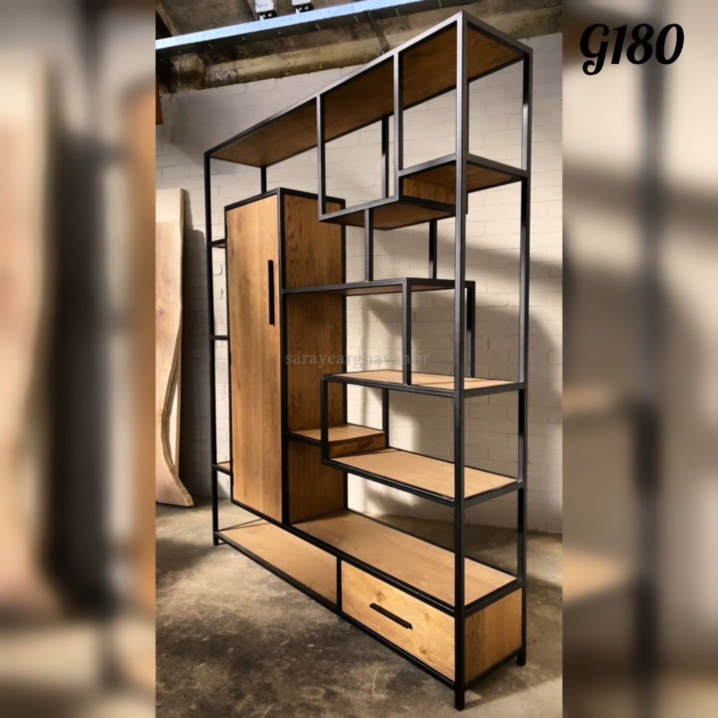 استند(شلف باکس) ایستاده کمددار مدرن، تلفیقی از چوب و فلز (با رویه MDF) G180