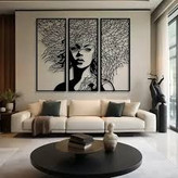 تابلو دکوراتیو فلزی مدرن،ست 3 تایی،سایز بزرگ کد T164 | تابلو سه تکه بانوی رازآلود | مینیمال_تابلو لیزری